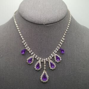 Dangle Purple Clear Rhinestone Necklace, 18 1/2 Inches Adjustable, Formal Choker